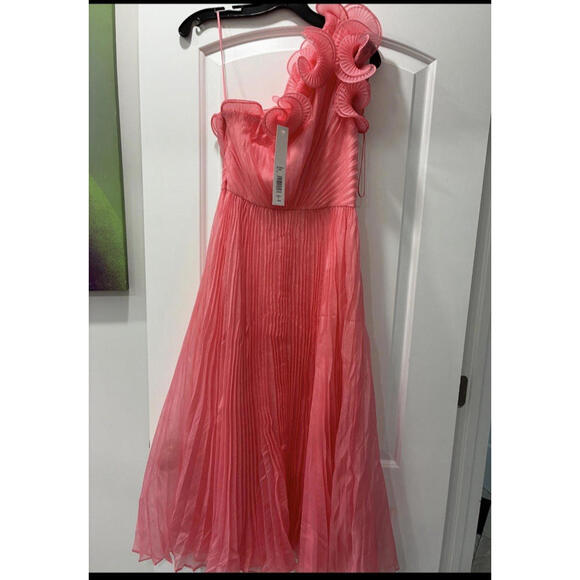 Badgley Mischka Pink Tulle One Shoulder sz 0 Midi Dress Fit Flare $800 Cocktail - Picture 1 of 2